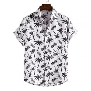 2021 Summer New Fashion Casual Men Stripes/Tree Printed Short Sleeve Turn-Down Collar Slim Hawaiian Shirt Beachwear for Travel