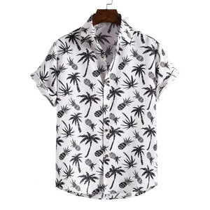 2021 Summer New Fashion Casual Men Stripes/Tree Printed Short Sleeve Turn-Down Collar Slim Hawaiian Shirt Beachwear for Travel