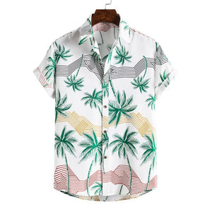 2021 Summer New Fashion Casual Men Stripes/Tree Printed Short Sleeve Turn-Down Collar Slim Hawaiian Shirt Beachwear for Travel