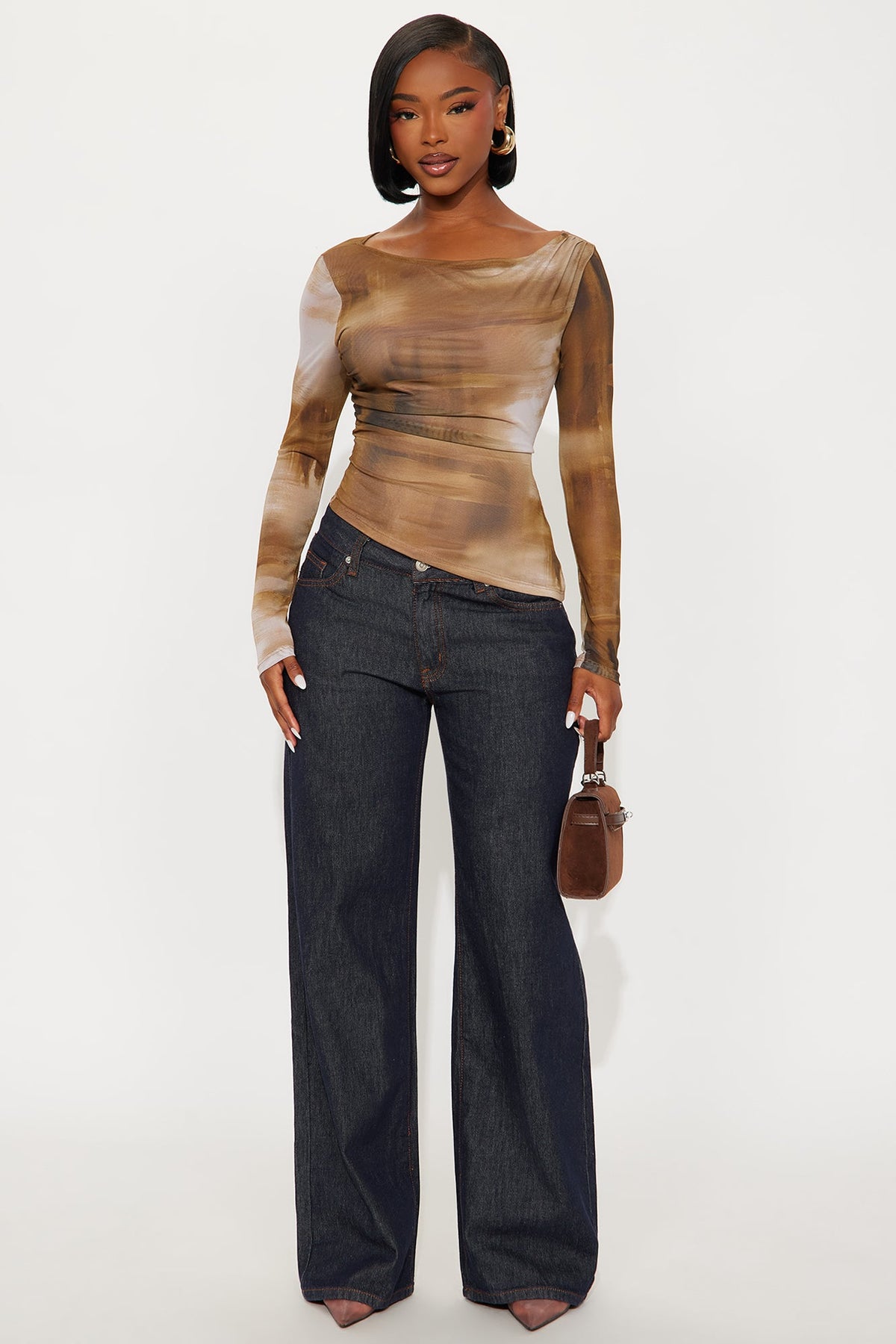 Elan de Paris™ Fifi Ruched Long Sleeve Mesh Top - Brown/combo