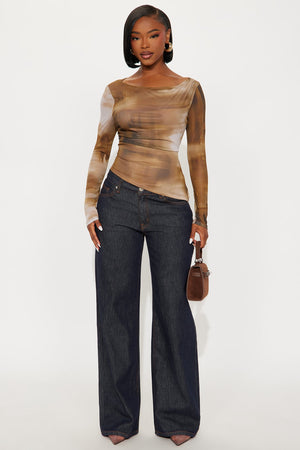 Elan de Paris™ Fifi Ruched Long Sleeve Mesh Top - Brown/combo