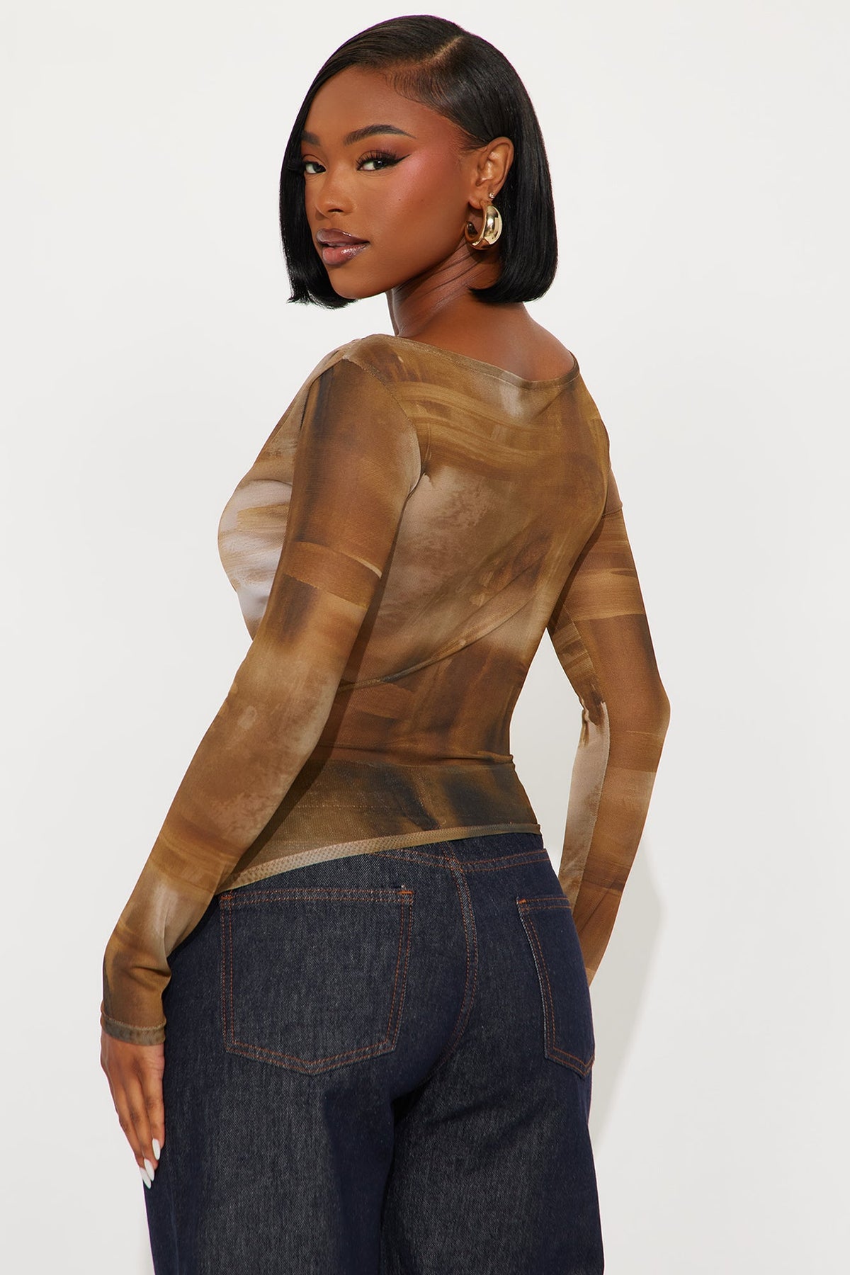 Elan de Paris™ Fifi Ruched Long Sleeve Mesh Top - Brown/combo