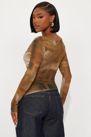 Elan de Paris™ Fifi Ruched Long Sleeve Mesh Top - Brown/combo