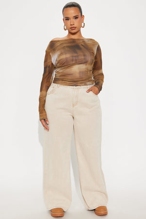 Elan de Paris™ Fifi Ruched Long Sleeve Mesh Top - Brown/combo