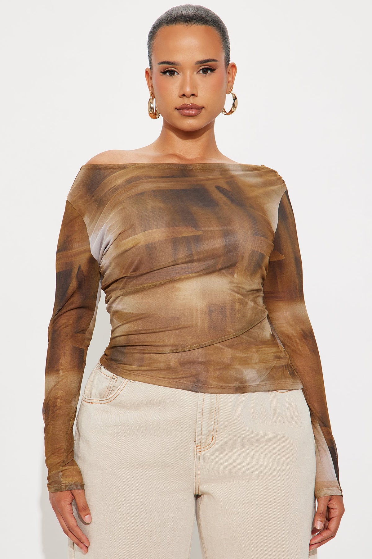 Elan de Paris™ Fifi Ruched Long Sleeve Mesh Top - Brown/combo