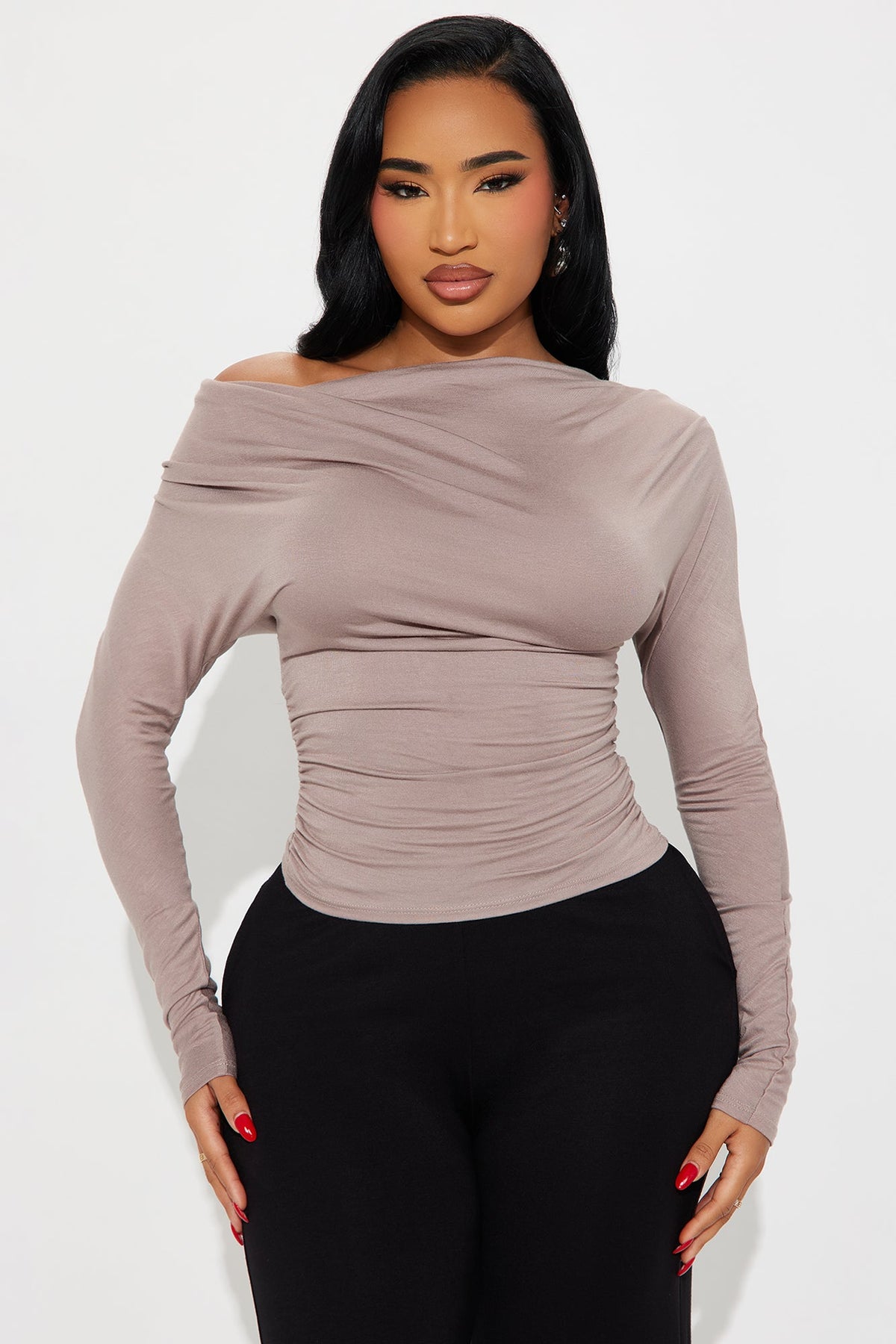 Elan de Paris™ Yesenia Ruched Cowl Neck Top - Mocha