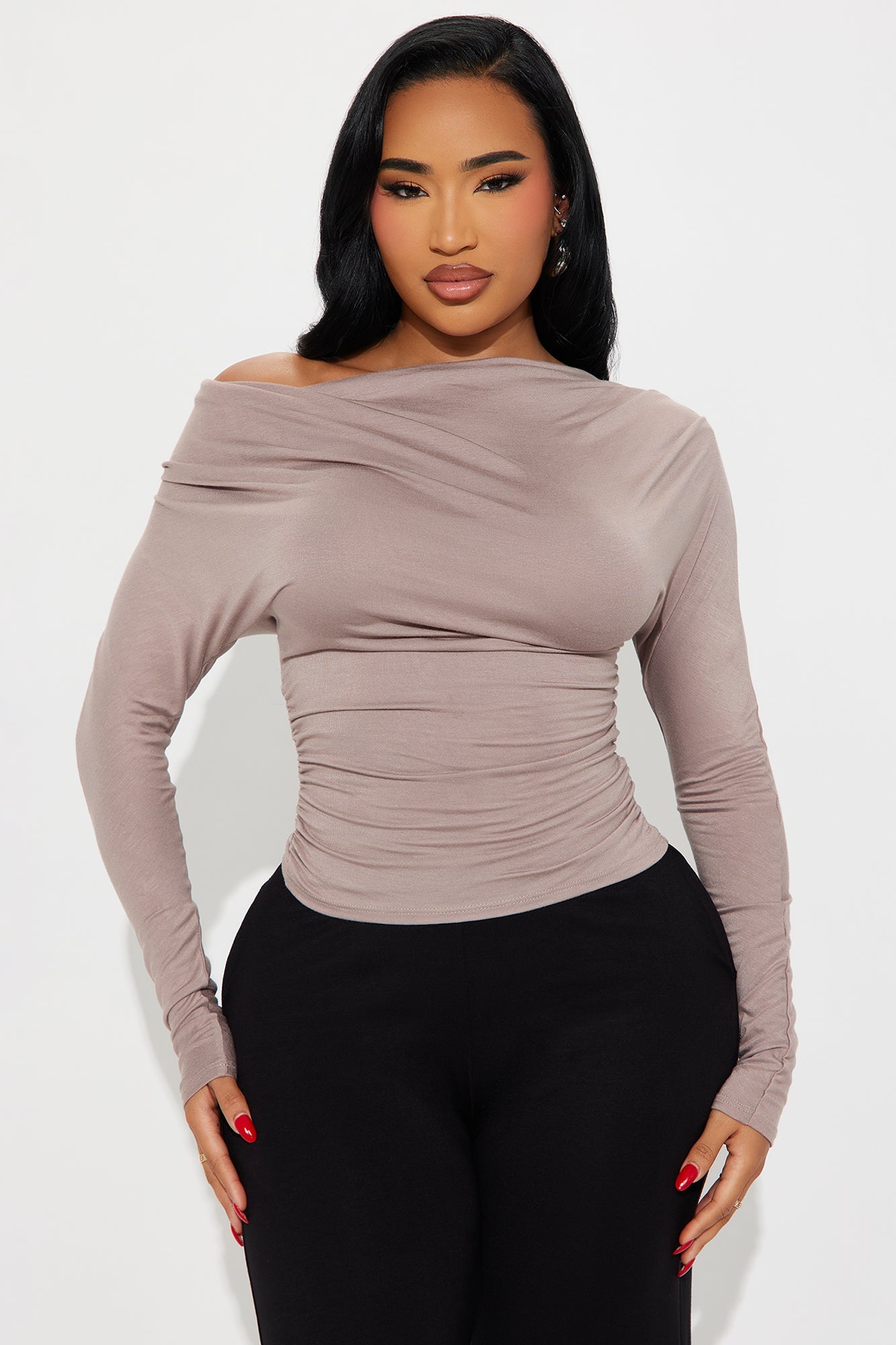 Elan de Paris™ Yesenia Ruched Cowl Neck Top - Mocha