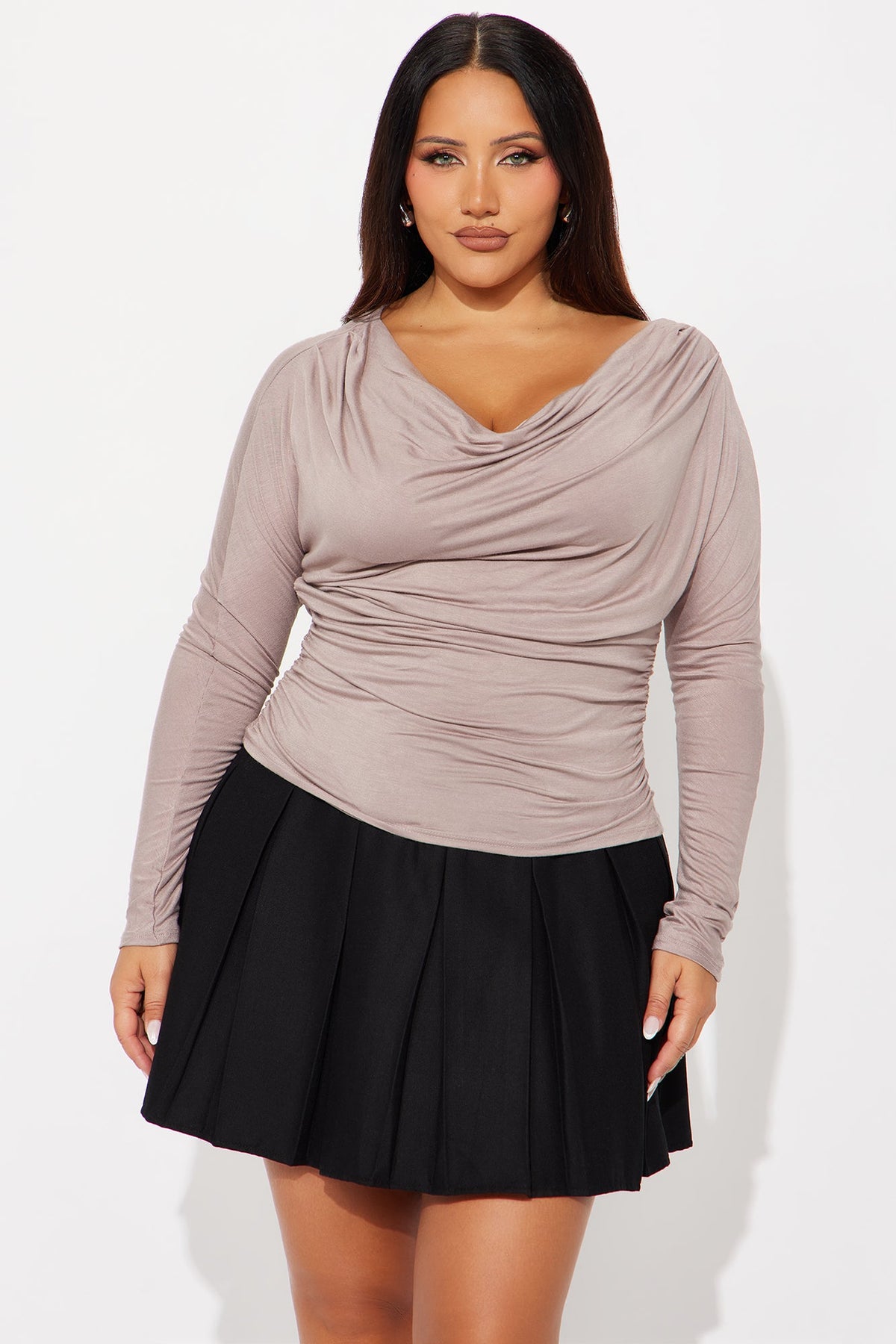 Elan de Paris™ Yesenia Ruched Cowl Neck Top - Mocha