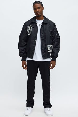 Elan de Paris™ Patch Utility Zip Bomber Jacket - Black