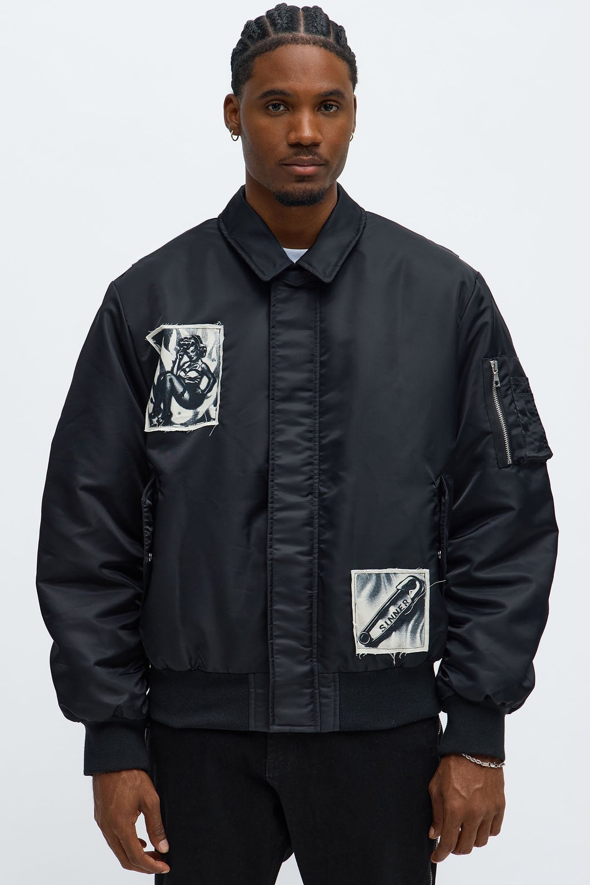 Elan de Paris™ Patch Utility Zip Bomber Jacket - Black