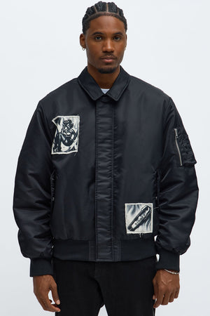 Elan de Paris™ Patch Utility Zip Bomber Jacket - Black