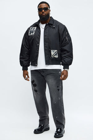 Elan de Paris™ Patch Utility Zip Bomber Jacket - Black