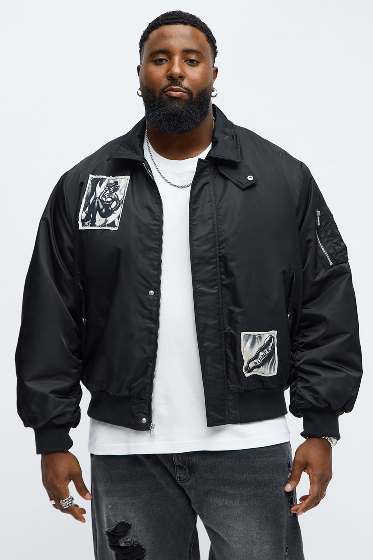 Elan de Paris™ Patch Utility Zip Bomber Jacket - Black