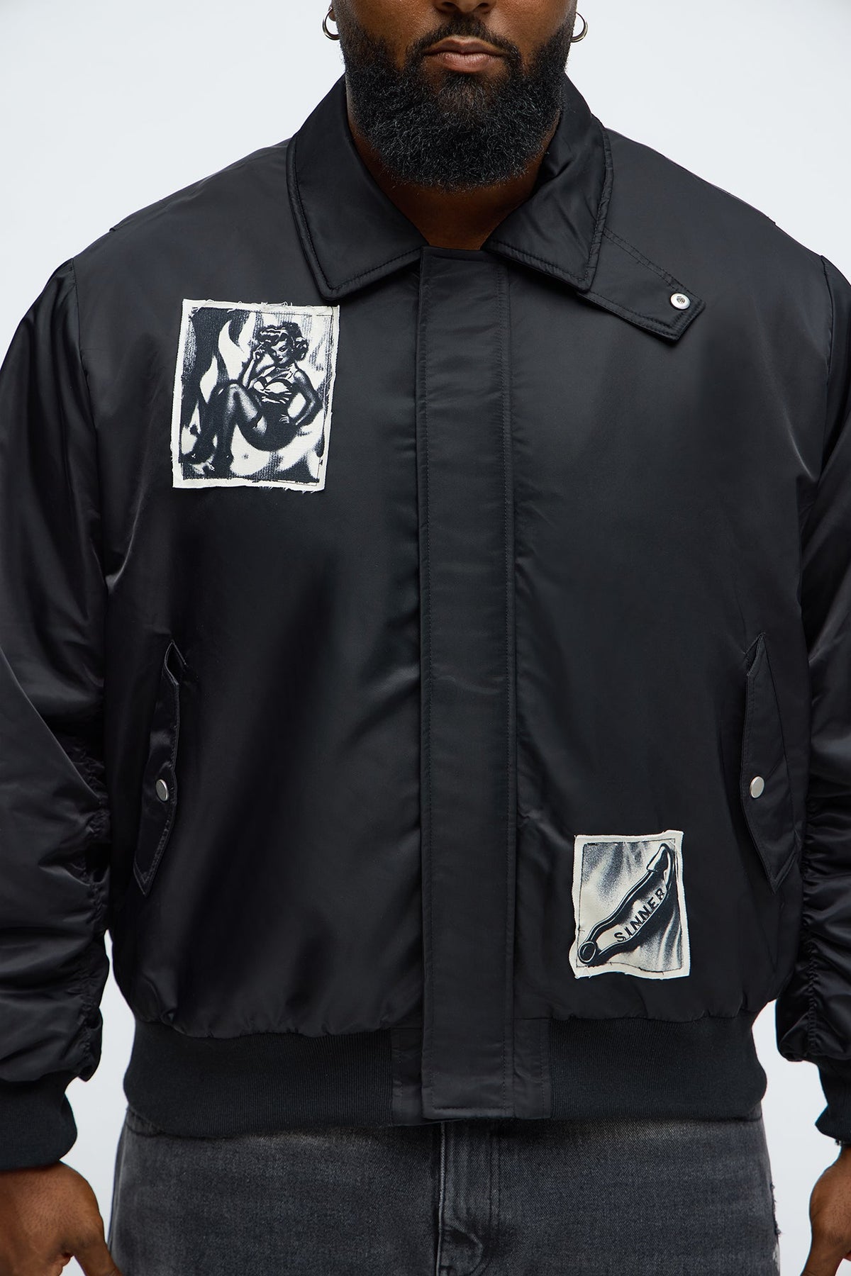 Elan de Paris™ Patch Utility Zip Bomber Jacket - Black