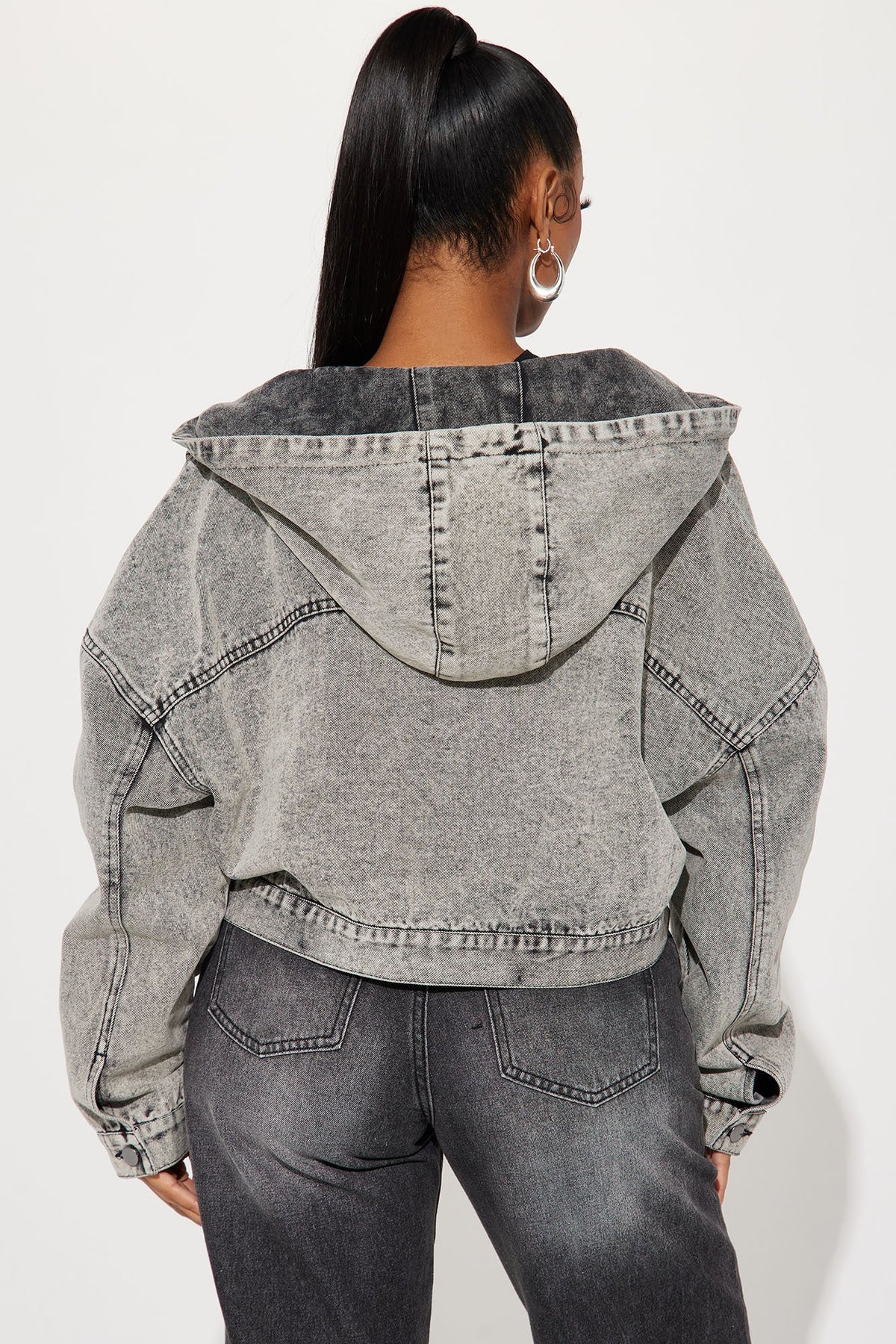 Elan de Paris™ No Explanation Hooded Denim Jacket - Acid Wash Grey