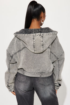 Elan de Paris™ No Explanation Hooded Denim Jacket - Acid Wash Grey