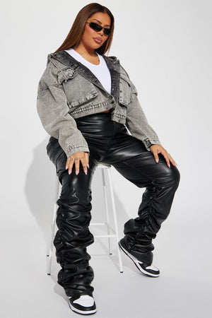 Elan de Paris™ No Explanation Hooded Denim Jacket - Acid Wash Grey