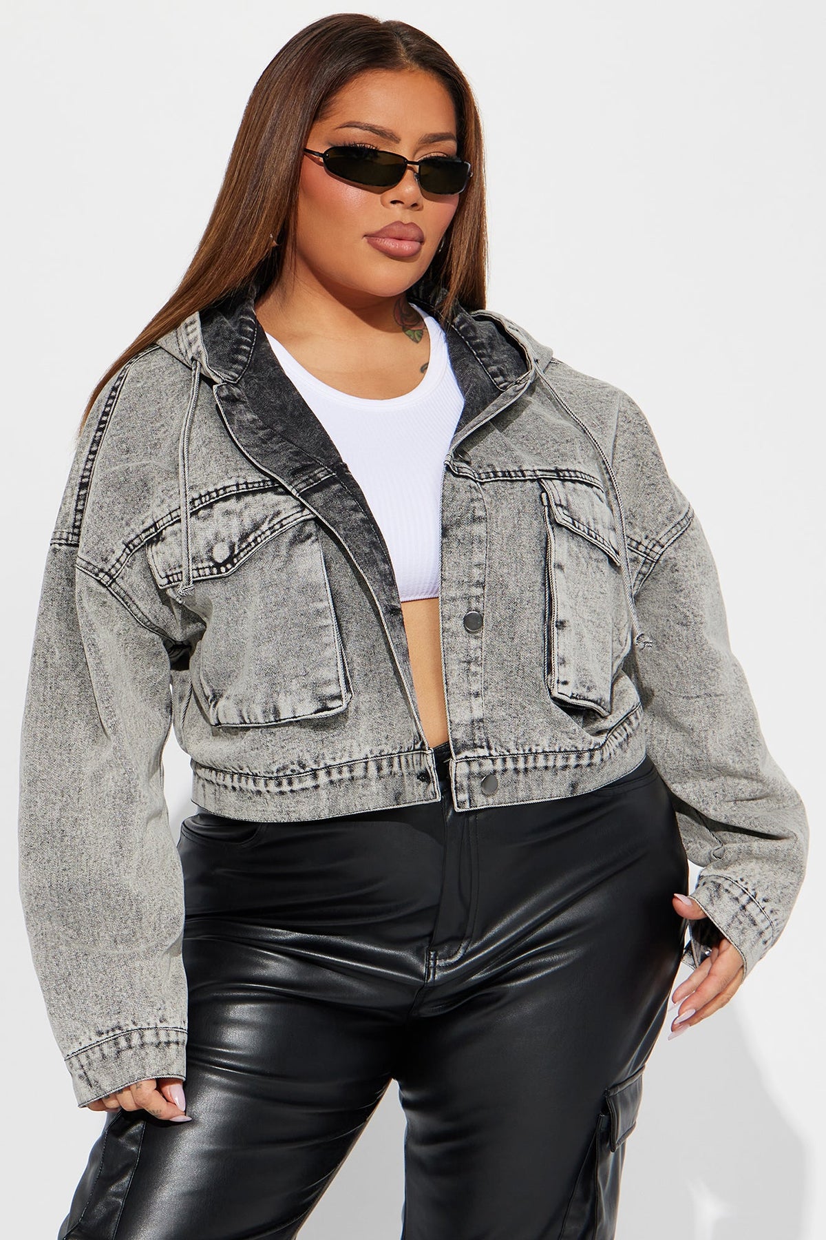 Elan de Paris™ No Explanation Hooded Denim Jacket - Acid Wash Grey