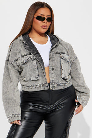 Elan de Paris™ No Explanation Hooded Denim Jacket - Acid Wash Grey