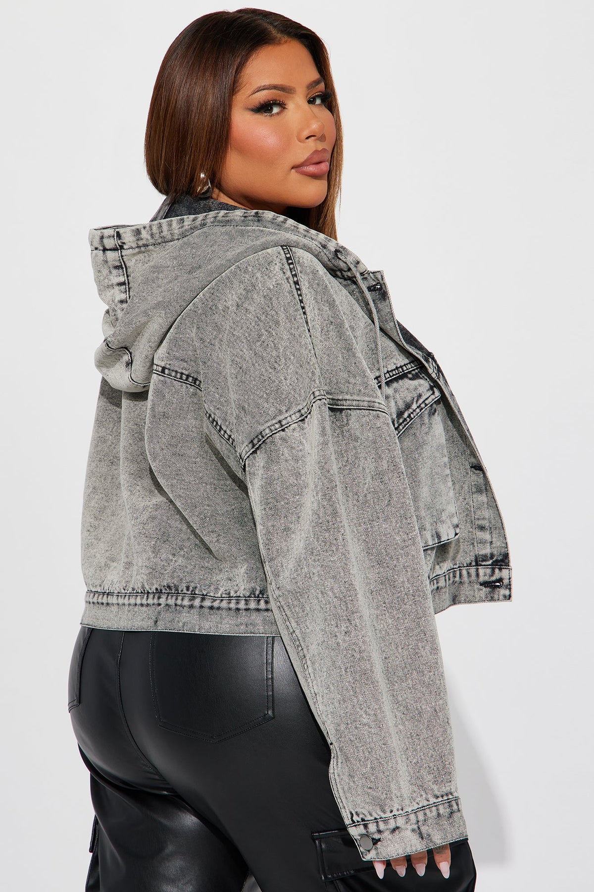 Elan de Paris™ No Explanation Hooded Denim Jacket - Acid Wash Grey