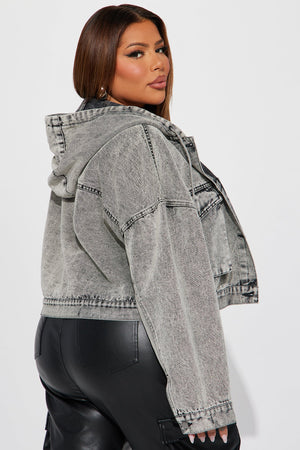 Elan de Paris™ No Explanation Hooded Denim Jacket - Acid Wash Grey