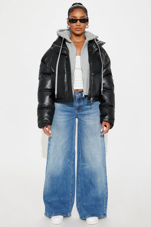 Elan de Paris™ Blake Layered Faux Leather Puffer Jacket - Black/combo