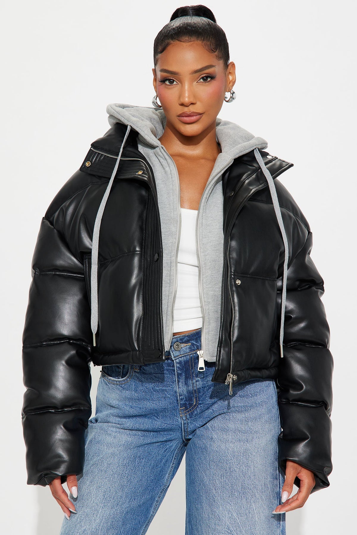 Elan de Paris™ Blake Layered Faux Leather Puffer Jacket - Black/combo