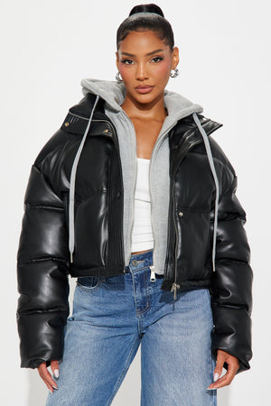 Elan de Paris™ Blake Layered Faux Leather Puffer Jacket - Black/combo