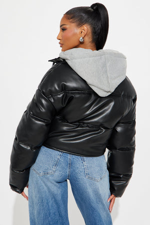 Elan de Paris™ Blake Layered Faux Leather Puffer Jacket - Black/combo