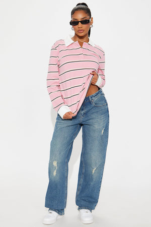 Elan de Paris™ Jazz Long Sleeve Polo Top - Pink/combo