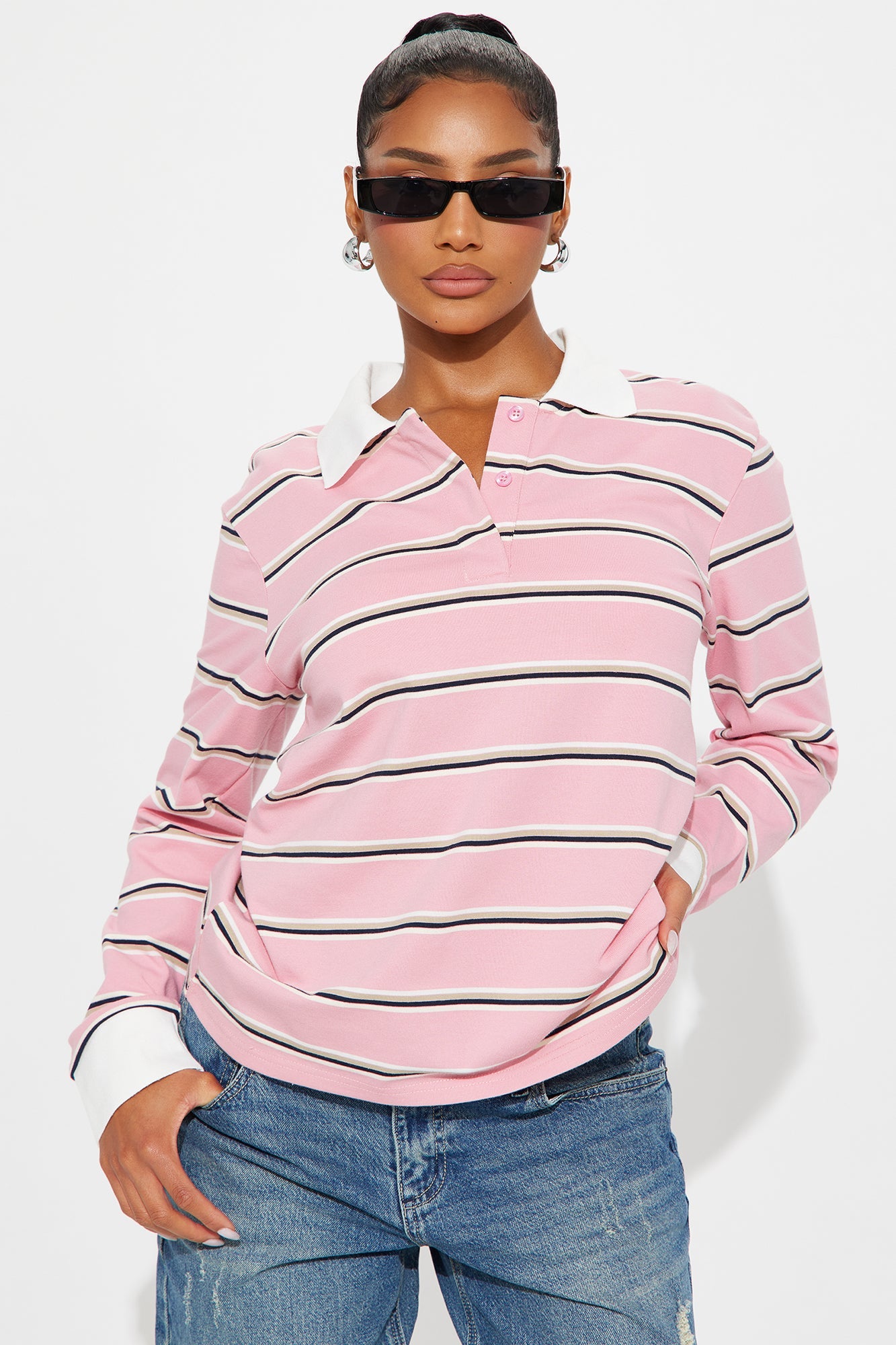 Elan de Paris™ Jazz Long Sleeve Polo Top - Pink/combo