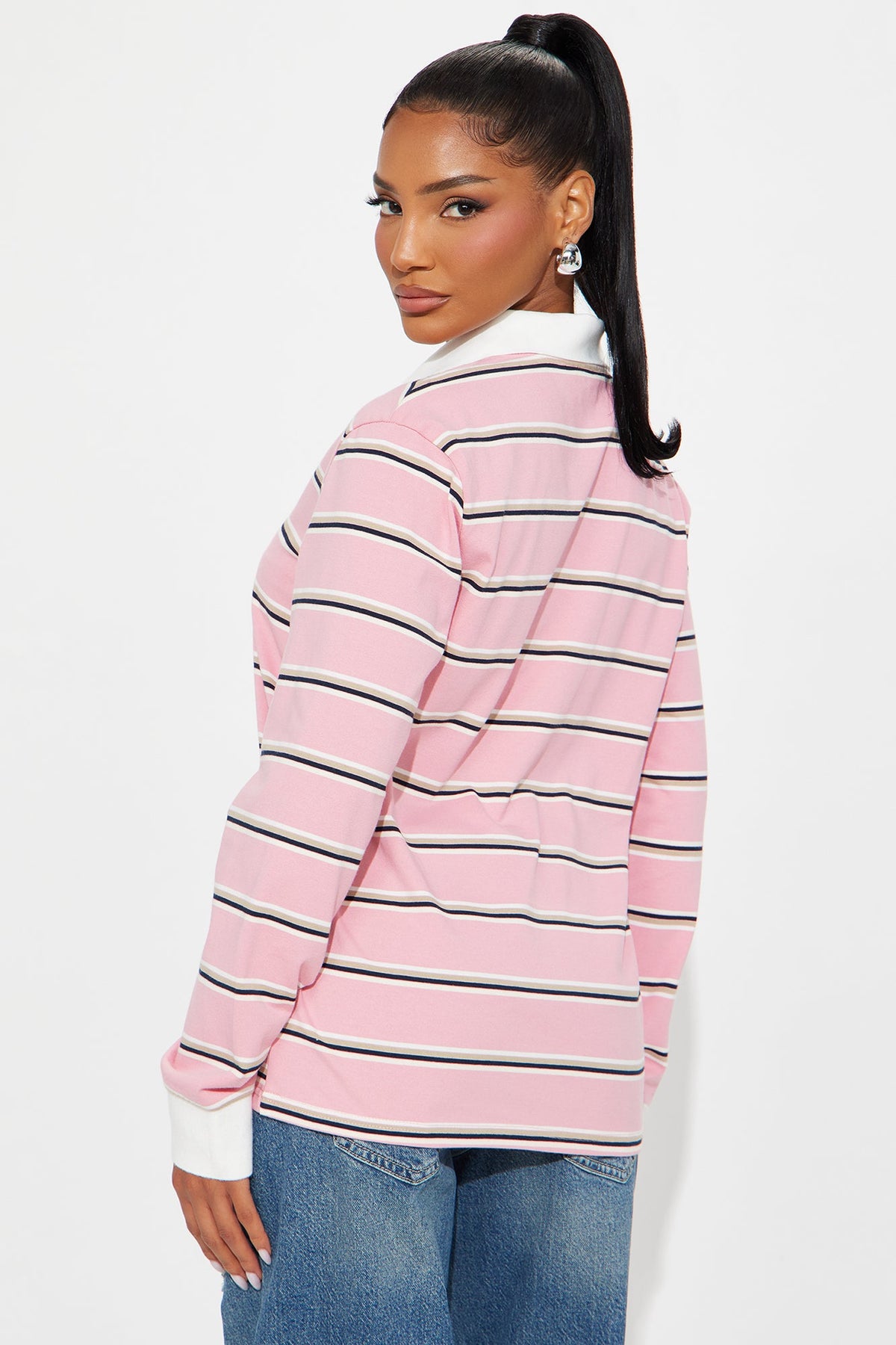 Elan de Paris™ Jazz Long Sleeve Polo Top - Pink/combo
