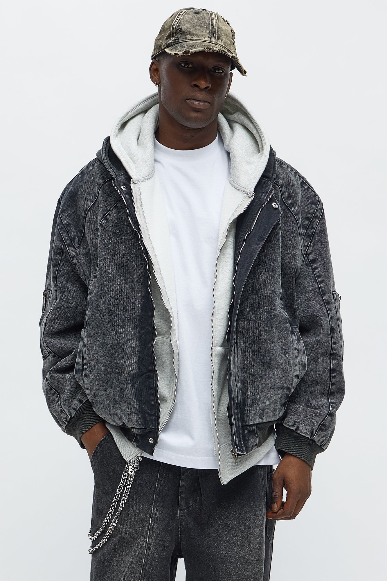 Elan de Paris™ Oversized Padded Hooded Utility Bomber - Charcoal/combo