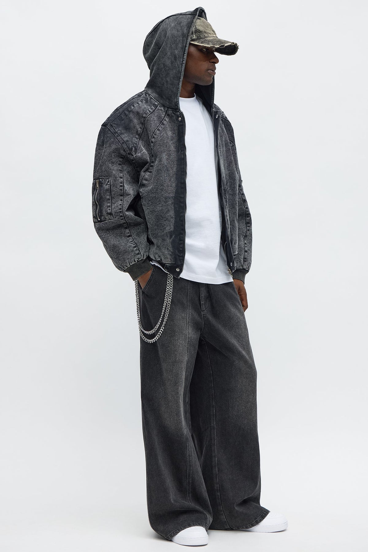 Elan de Paris™ Oversized Padded Hooded Utility Bomber - Charcoal/combo