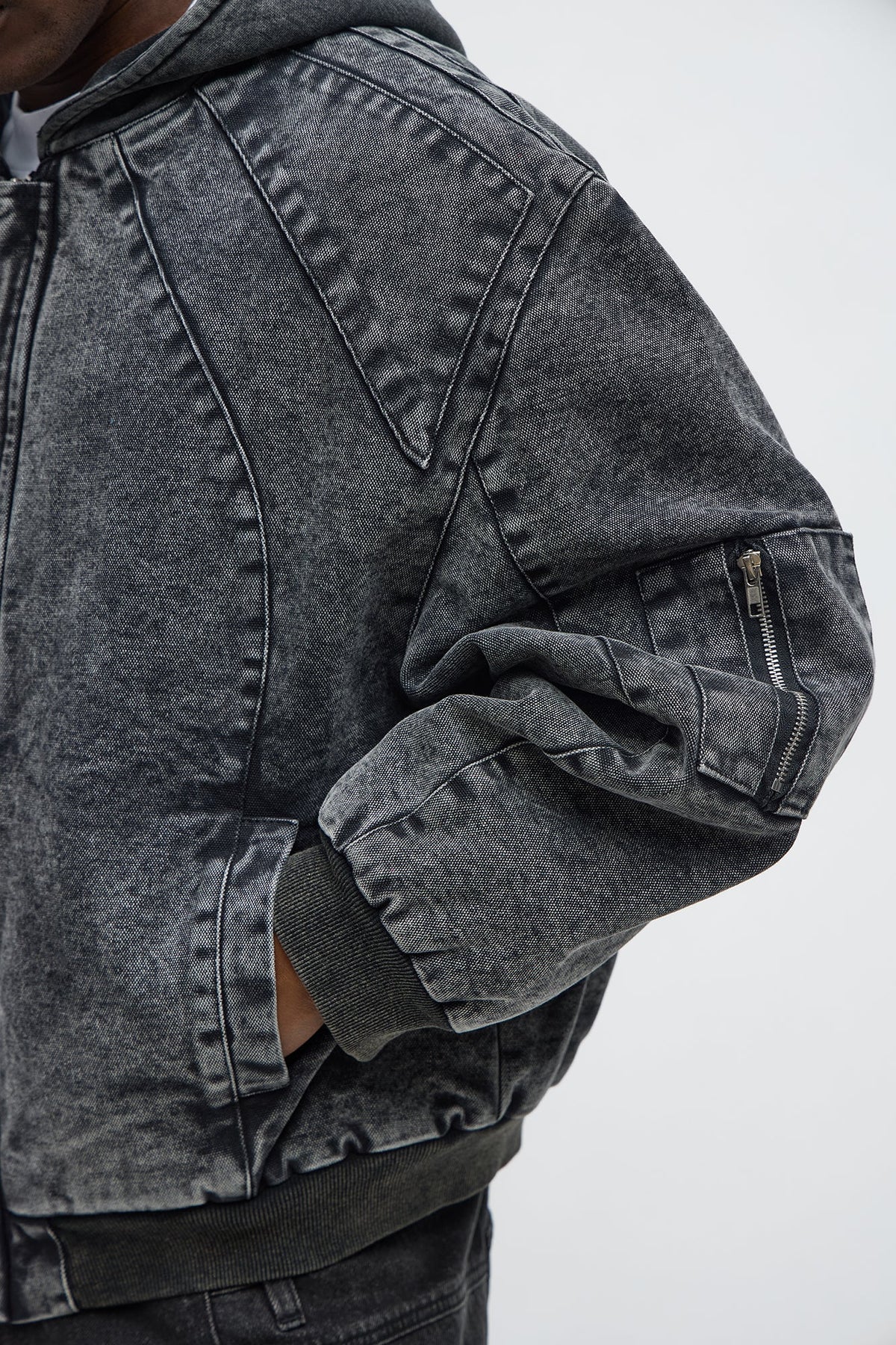 Elan de Paris™ Oversized Padded Hooded Utility Bomber - Charcoal/combo