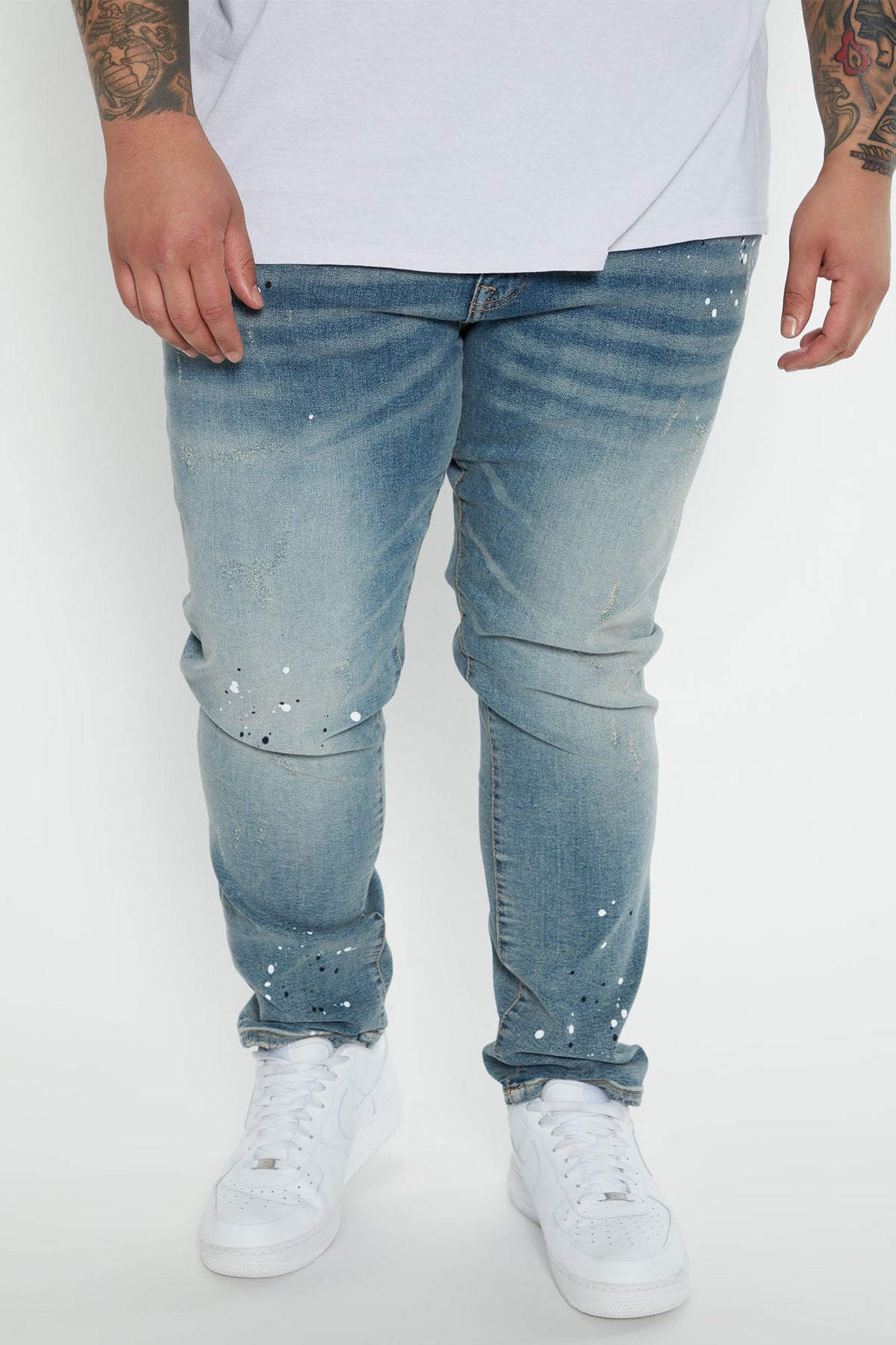 Elan de Paris™ Ripped And Bleach Splatter Slim Jeans - Light Blue Wash