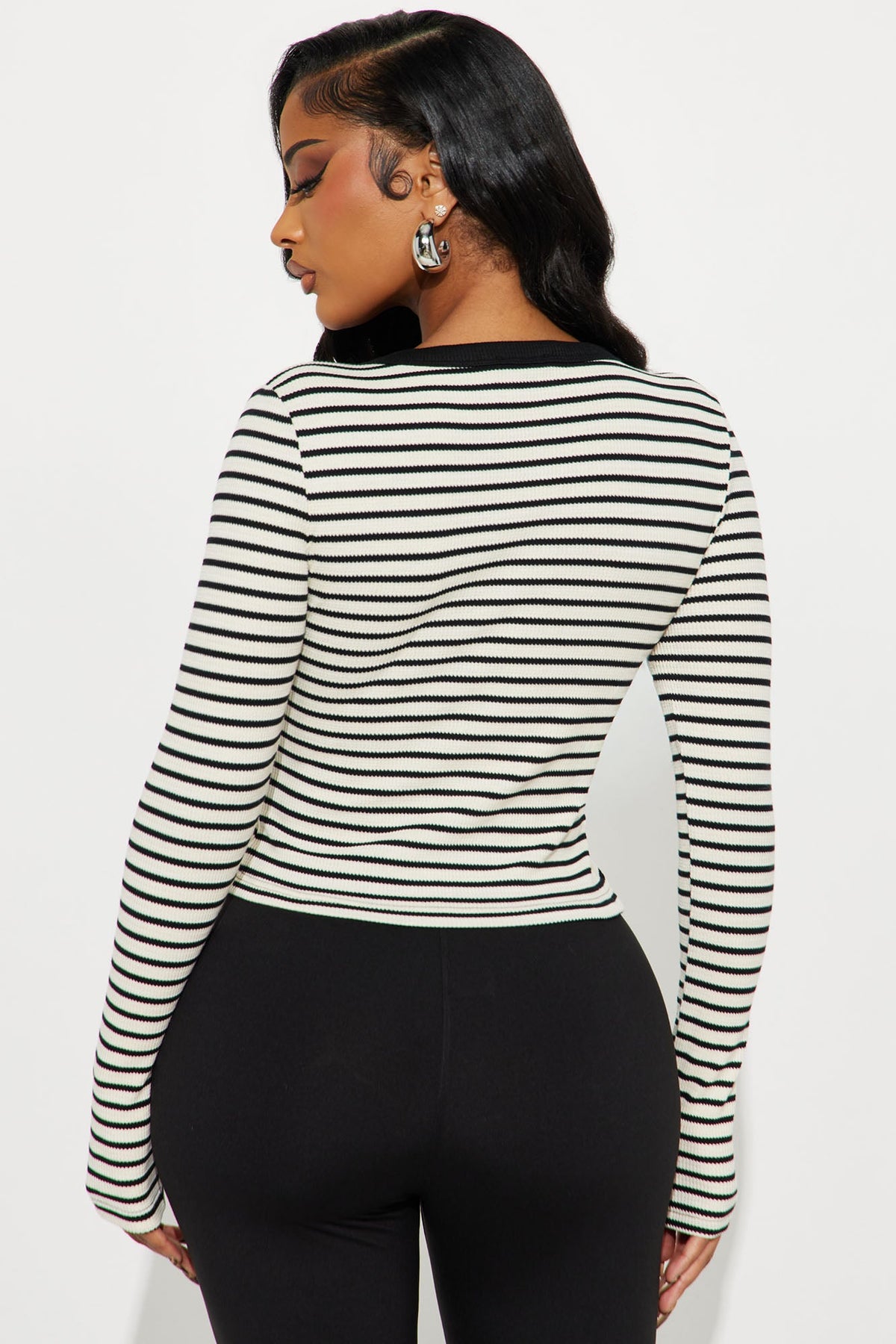 Elan de Paris™ Kinley Long Sleeve Button Up Top - Black/White