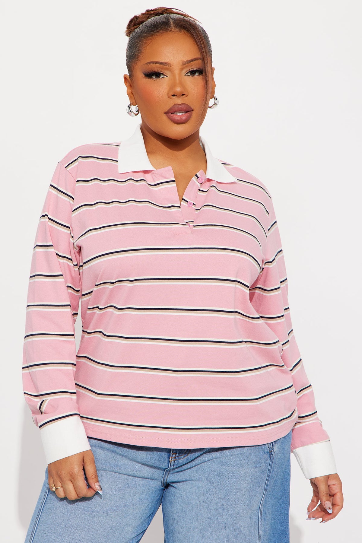 Elan de Paris™ Jazz Long Sleeve Polo Top - Pink/combo