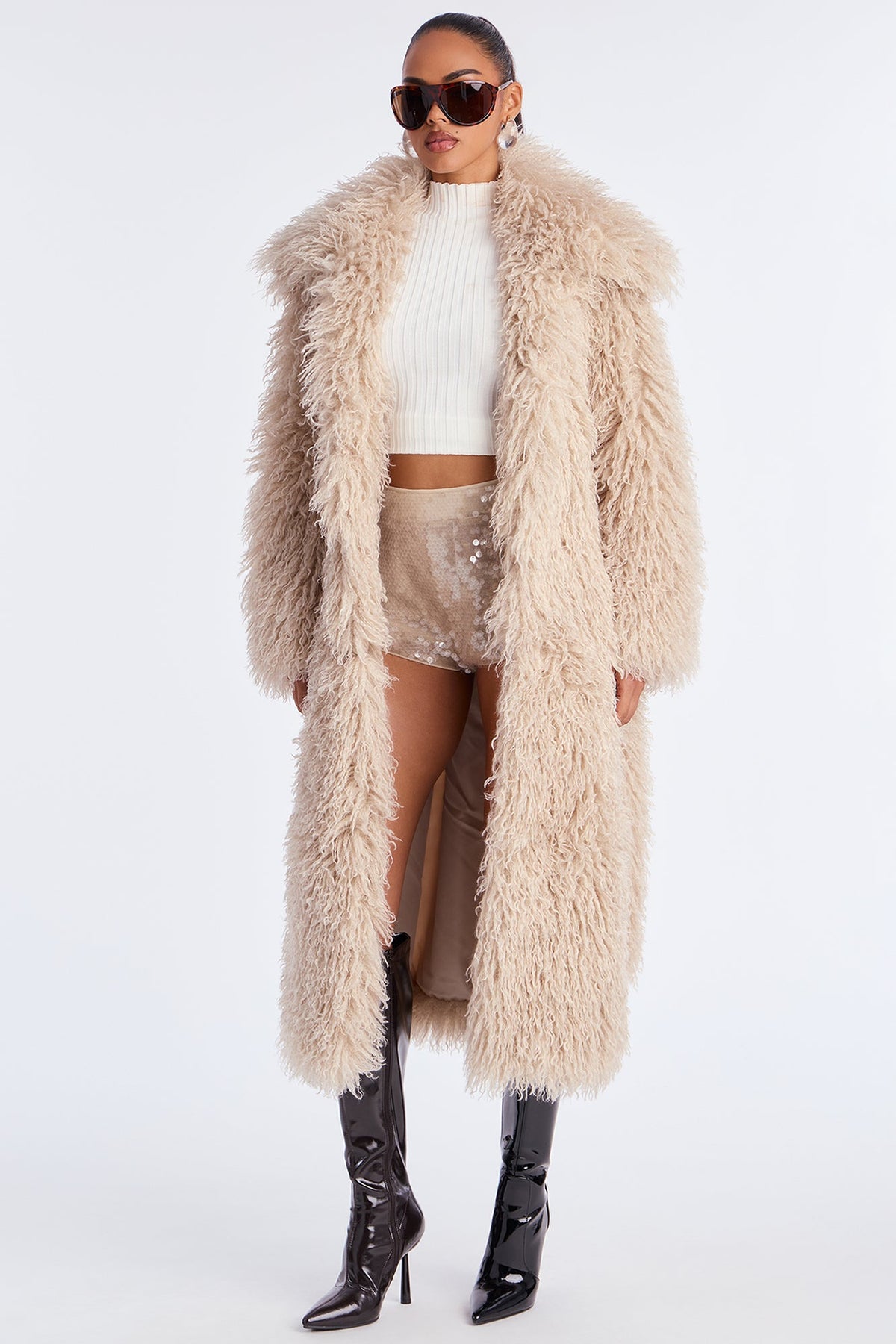 Elan de Paris™ Glamour Rush Faux Fur Coat - Oatmeal