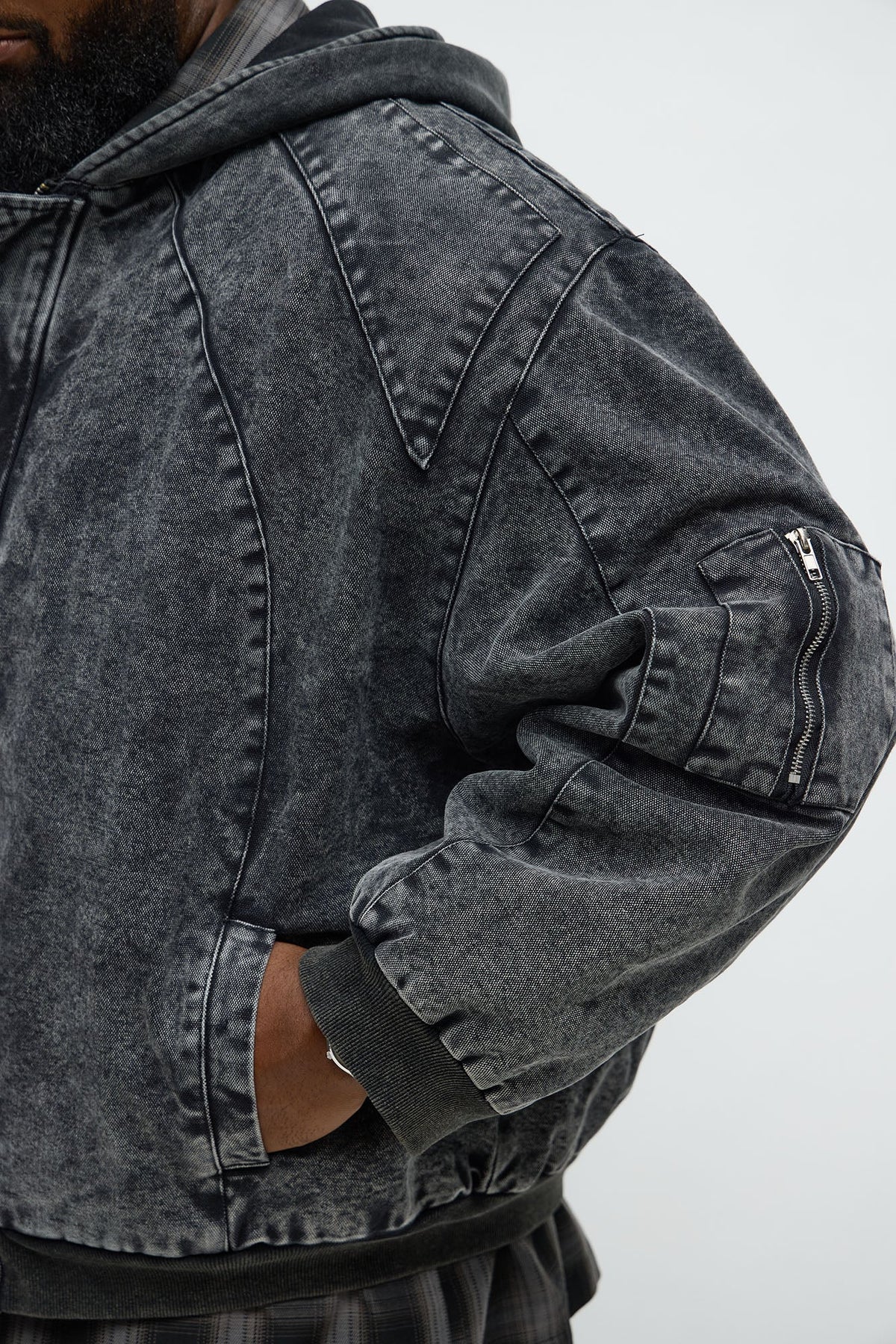 Elan de Paris™ Oversized Padded Hooded Utility Bomber - Charcoal/combo