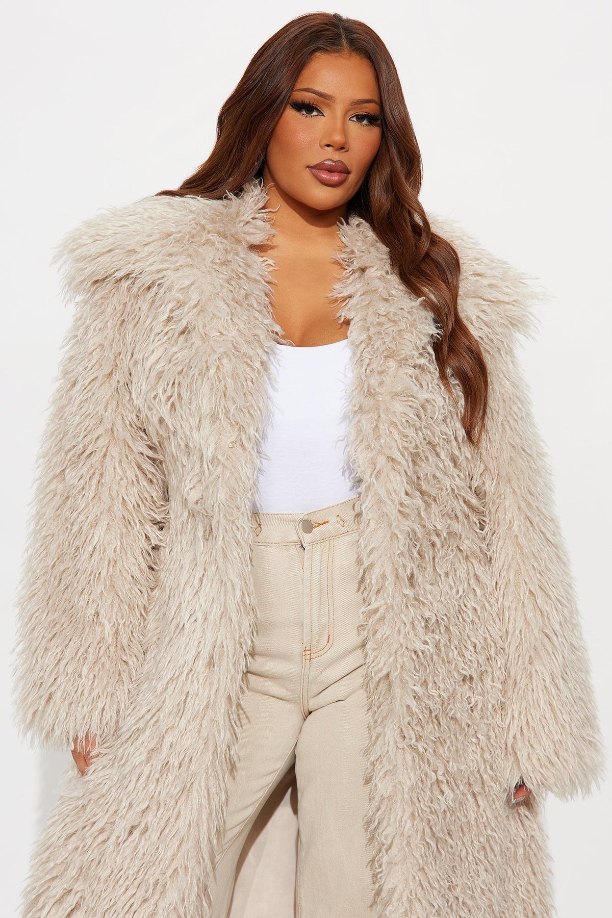 Elan de Paris™ Glamour Rush Faux Fur Coat - Oatmeal