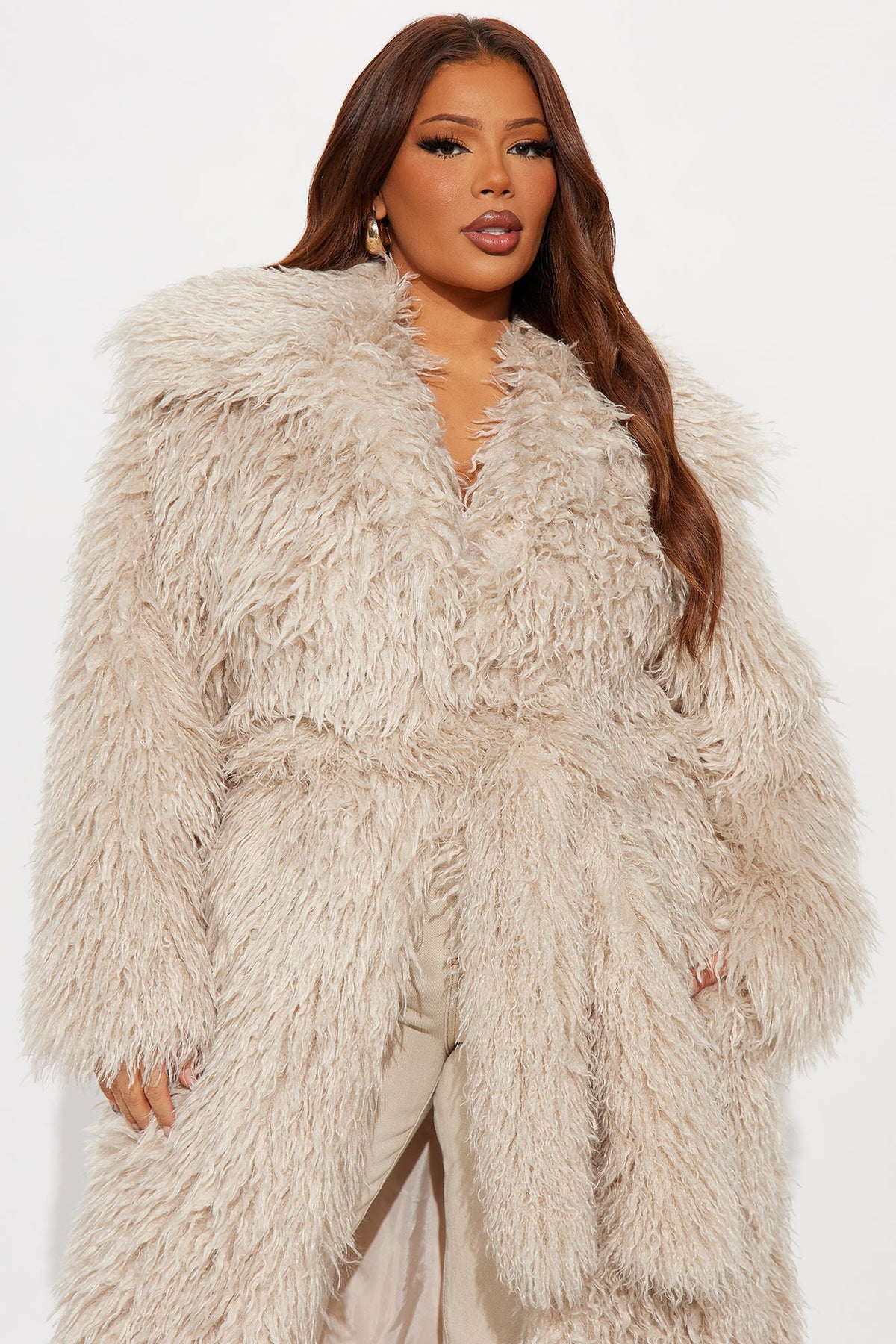 Elan de Paris™ Glamour Rush Faux Fur Coat - Oatmeal