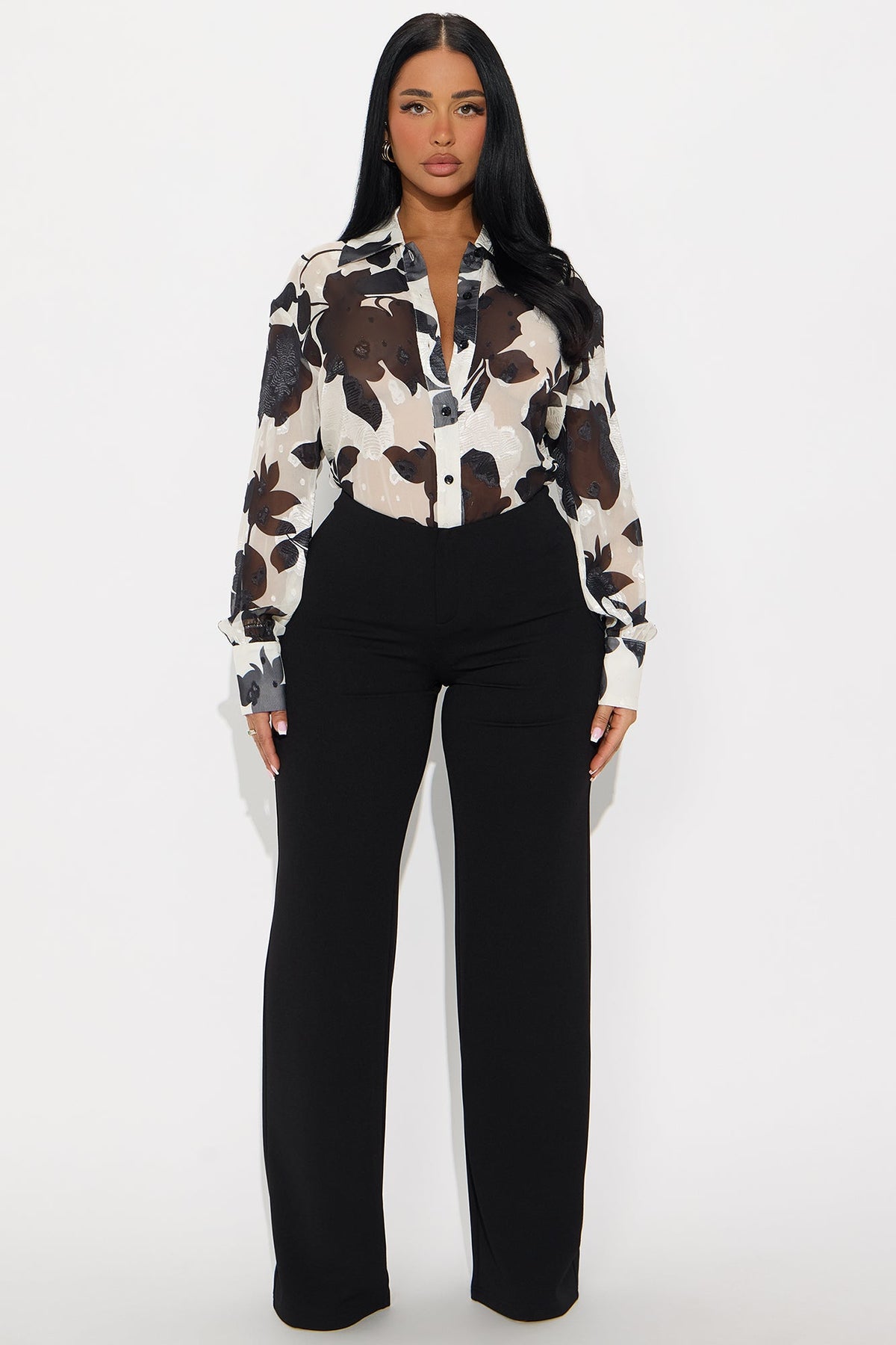 Elan de Paris™ Malissa Floral Chiffon Shirt - Black/combo