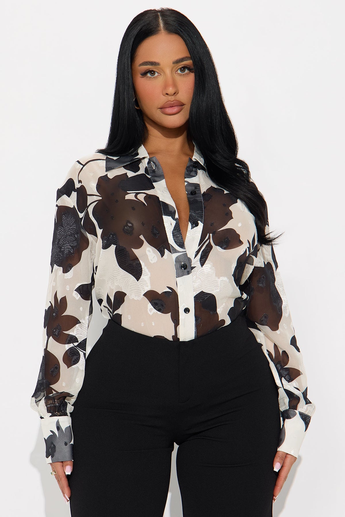 Elan de Paris™ Malissa Floral Chiffon Shirt - Black/combo
