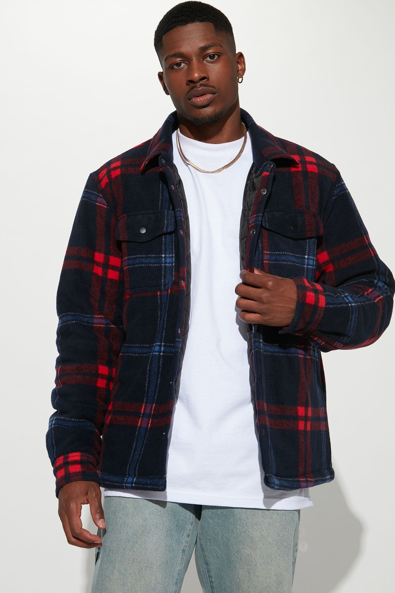 Elan de Paris™ New Look Flannel Shacket - Navy/Red
