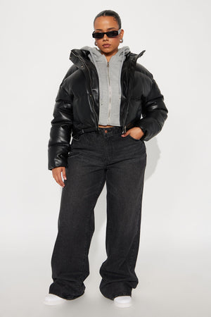 Elan de Paris™ Blake Layered Faux Leather Puffer Jacket - Black/combo