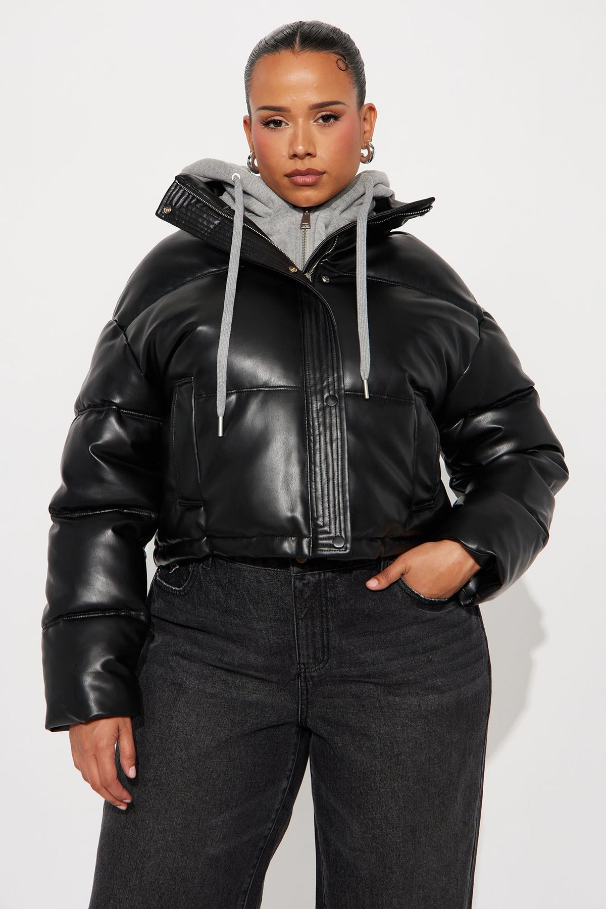 Elan de Paris™ Blake Layered Faux Leather Puffer Jacket - Black/combo