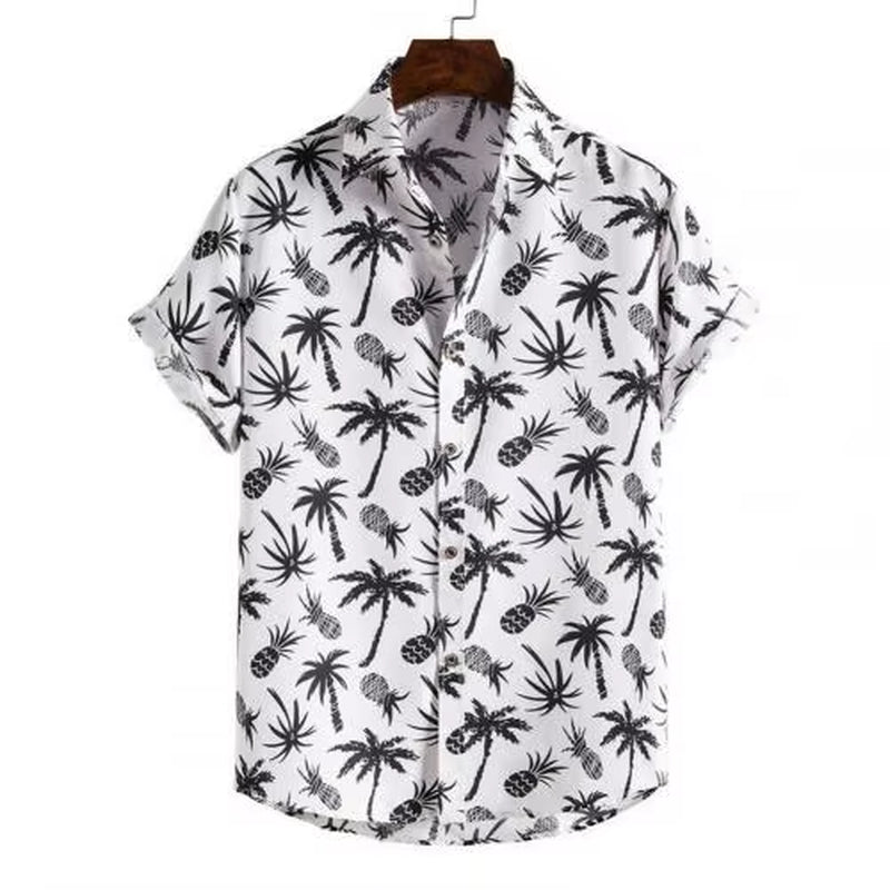 2021 Summer New Fashion Casual Men Stripes/Tree Printed Short Sleeve Turn-Down Collar Slim Hawaiian Shirt Beachwear for Travel