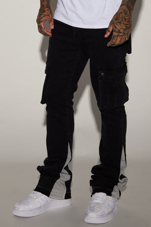 Elan de Paris™ Carried Cargo Stacked Skinny Flared Jeans - Black