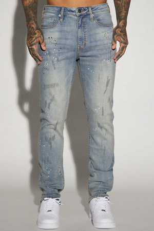 Elan de Paris™ Ripped And Bleach Splatter Slim Jeans - Light Blue Wash